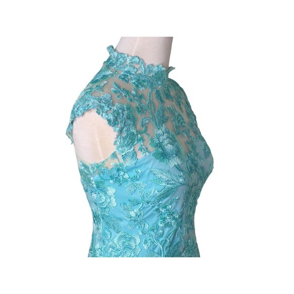 TADASHI SHOJI Embroidered Sheer Lace Mock Neck Gown Aqua 2 NEW - Picture 9 of 13